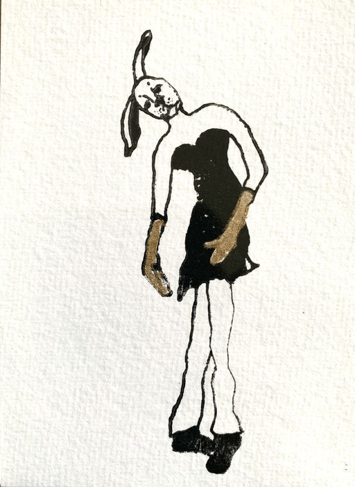 handgedruckte karte mit schwarzen linoldruck einer häsin als ballerina