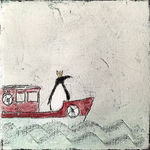 gemaltes unikat graurot, mit einem pinguin im boot