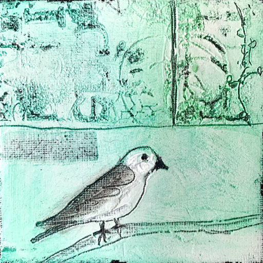 gemaltes unikat gruen, mit muster und vogel