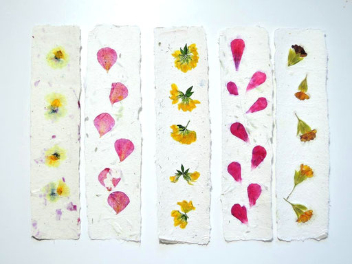 Handgeschöpfte Lesezeichen aus Papier mit Pelargonie, Hornklee, Sommerblüten, Primel, Michela Metzler, Mattsee, Österreich