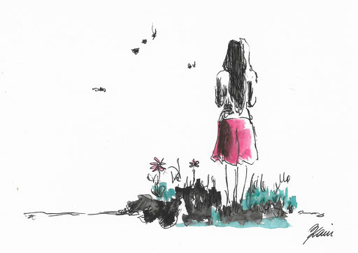 Girl in the garden, 24 x 32 cm, Watercolor on paper, framed