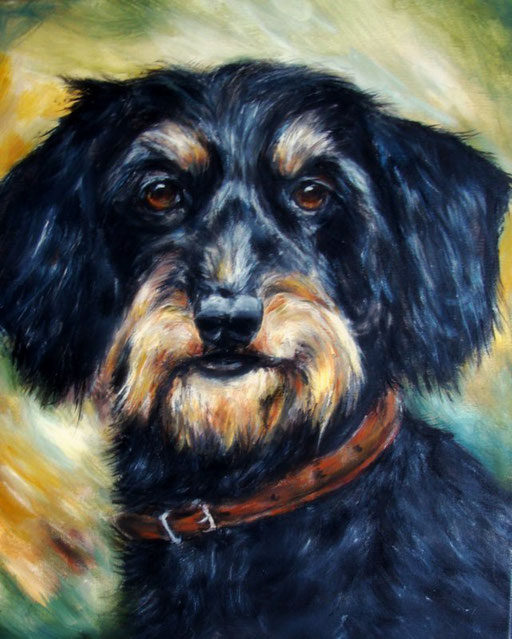 Hundeportrait  mit Acryl gemalt. Rauhaardackel