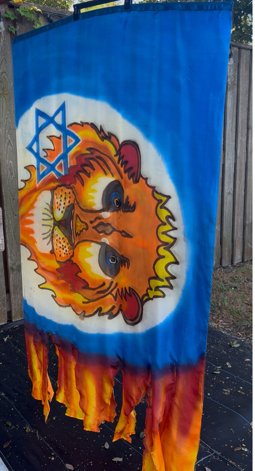 Large lion face on blue/white field with Star of David