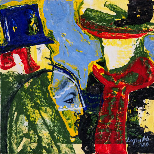 While we habituated faces to new masks, tempera on cardboard, 2020