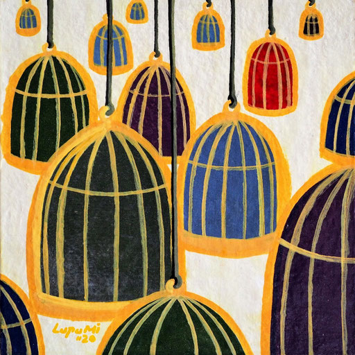 The fear of choosing brought us all in cages, tempera on cardboard, 2020