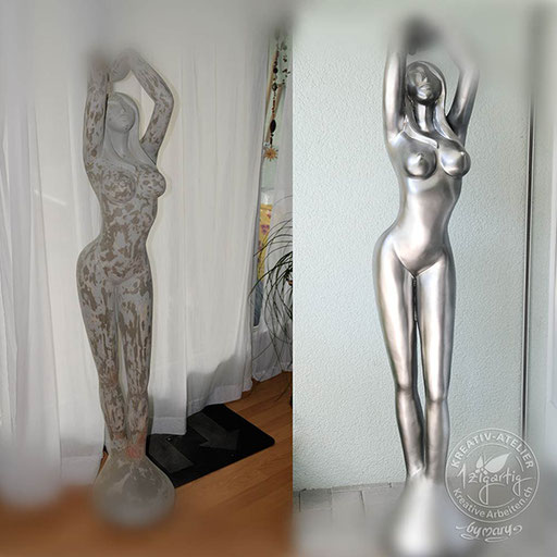 Selbstentworfener Mikrofonständer in Form einer Frauenskulptur in Metall Optik, www.kreativearbeiten.ch