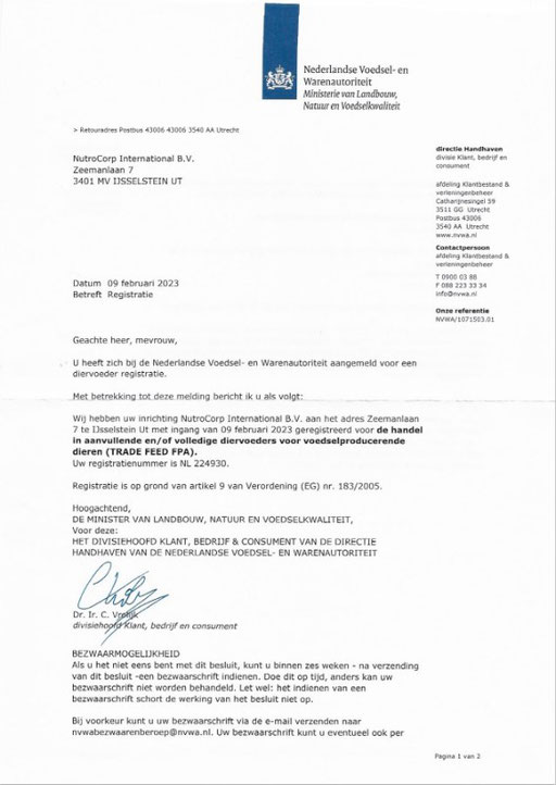 Certificate of offical registration Netherlands Ministry of Agriculture, Nature and Food Quality