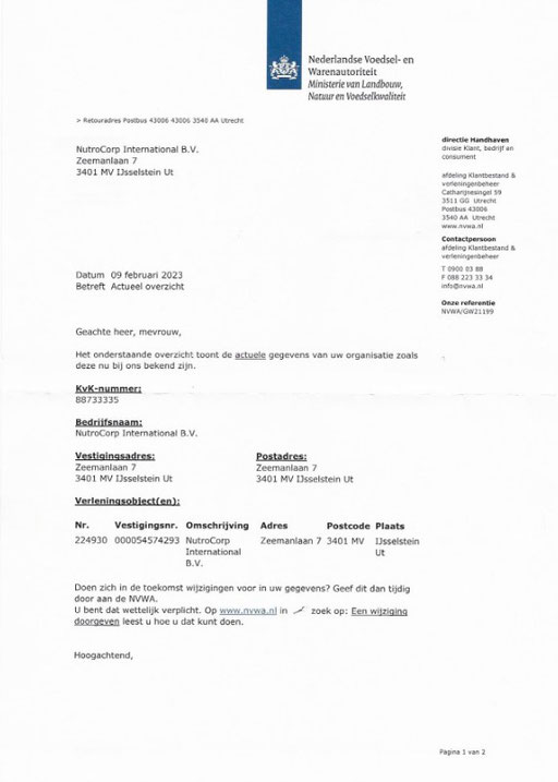 Certificate of offical registration Netherlands Ministry of Agriculture, Nature and Food Quality