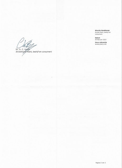 Certificate of offical registration Netherlands Ministry of Agriculture, Nature and Food Quality