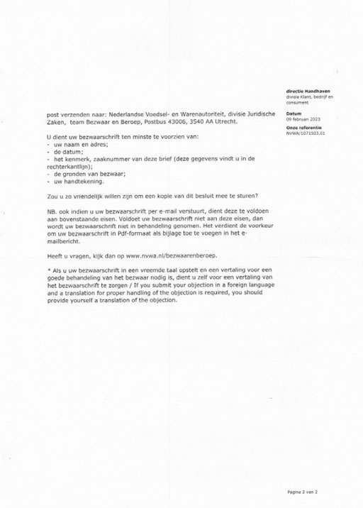 Certificate of offical registration Netherlands Ministry of Agriculture, Nature and Food Quality