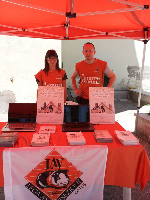 nel gazebo della LAV per la promozione dell'adozione dei cani posti sotto sequestro al Rifugio Parrelli