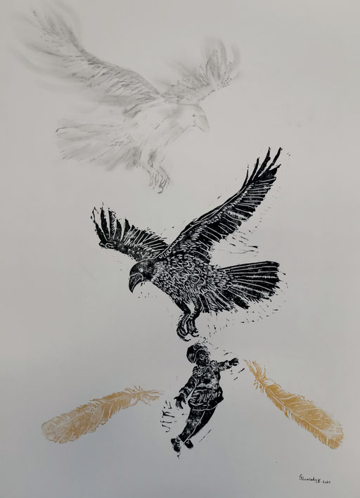 Tales at the Villa Rabl, Bad Hall / lino cut, graphite / 55 x 65 cm / 2021