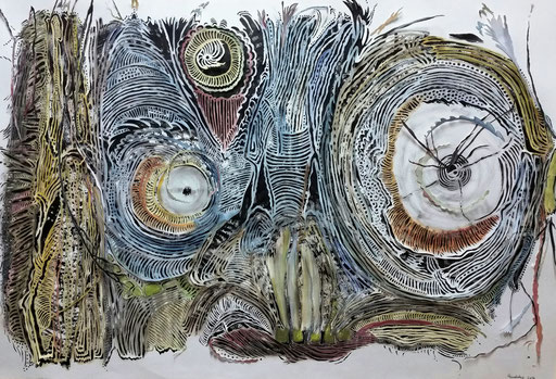 Crazy Creatures IV / Aquarell, Scherenschnitt mit Tusche hinterlegt / Aquarell, paper cut with background in Indian ink / 110 x 75 cm / 2016
