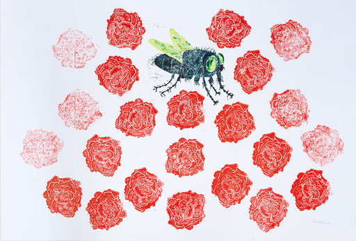 Rats, flies and roses / linocut print / 110 x 75 cm / 2020 (repro Roland Froschauer)