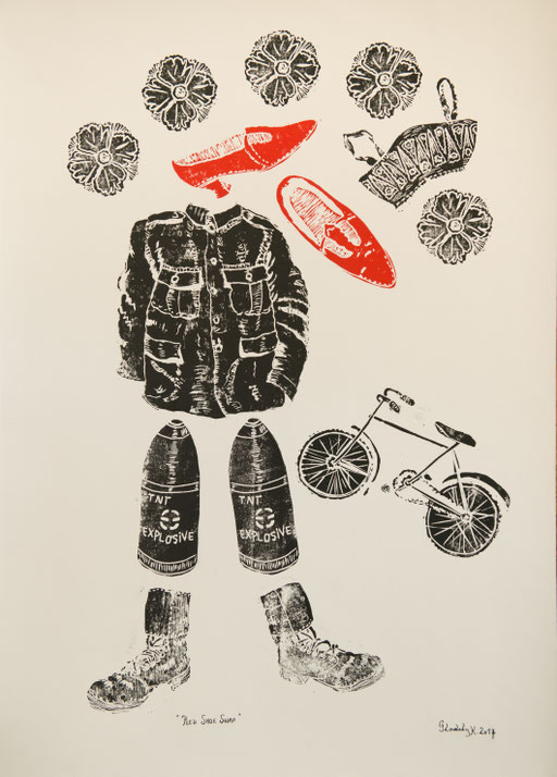 Red Shoe Swap (Dorothy Lawrence Series) / Linolschnitt, linocut on paper, 55 x 70 cm / 2016 (Clairefontaine paper 640g)