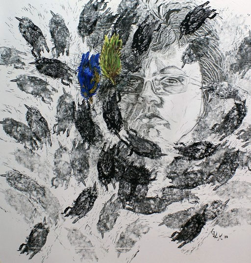 Zwei, Two / Linolschnitt, Tusche, Kreide / Linocut, Indian ink, coloured chalks / 95 x 92 cn / 2010
