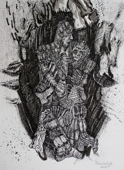 Mikrokosmos - Verewigt in Holz , Eternalised in Wood / Tusche, Indian ink / 23 x 30 cm / 2013
