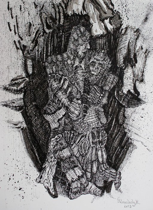 Mikrokosmos - Verewigt in Holz , Eternalised in Wood / Tusche, Indian ink / 23 x 30 cm / 2013