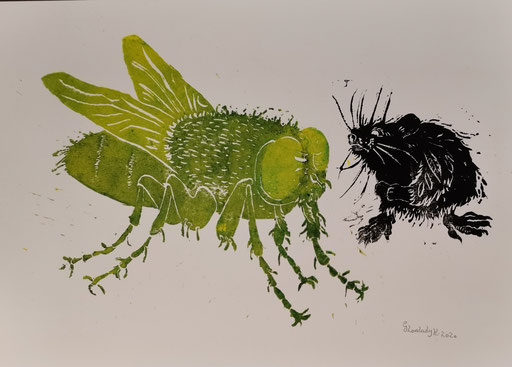 Rats, flies and roses / linocut print / 38 x 28 cm / 2020 
