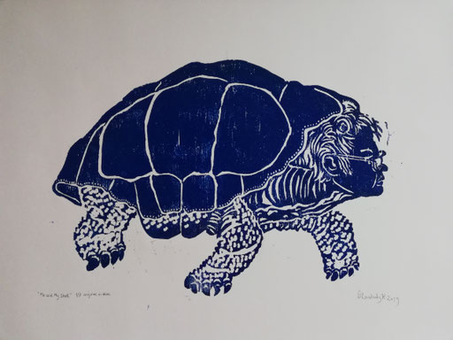 Me and My Shell 1 of 3 in blue / Holzschnitt, Xylography / paper size 50 x 40 cm / 2019