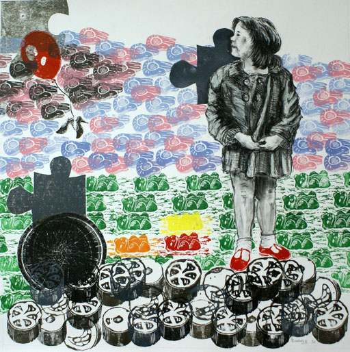 Süsses und Saures, Sweet and Sour / Linolschnitt, Kohle / Linocut, charcoal / 84 x 84 cm / 2010