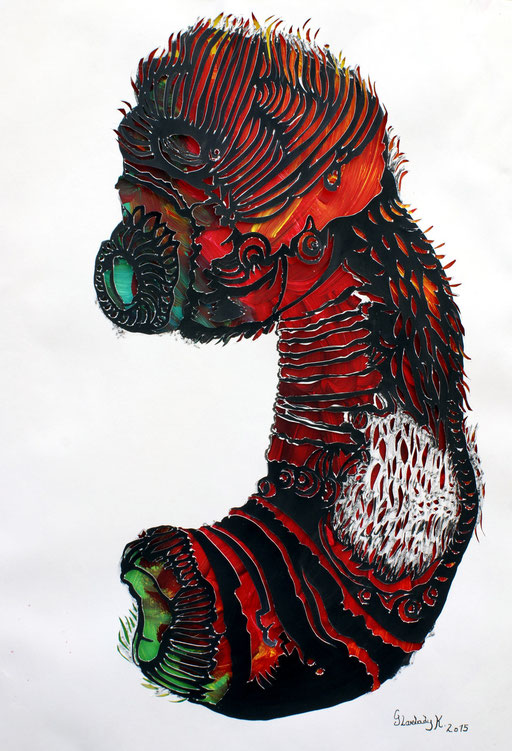 Crazy Creatures I / Tusche, Scherenschnitt mit Acryl hinterlegt / Indian ink, paper cut with background in acrylic / 35 x 45,5 cm / 2015