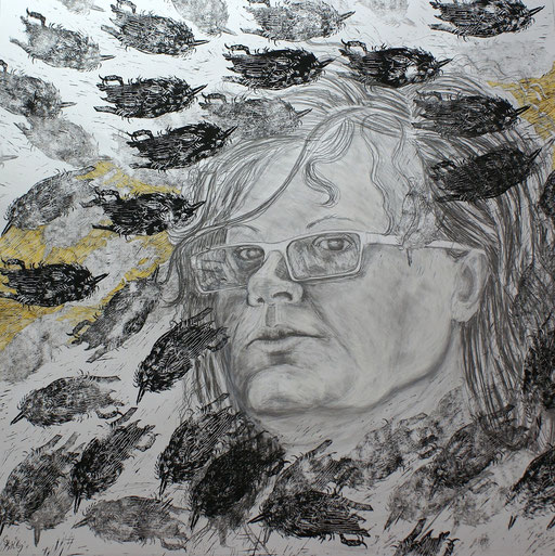 Meine Vögel, My Madness / Linolschnitt, Bleistift, Farbstift/ Linocut, pencil, coloured pen /  85 x 85 cm / 2010
