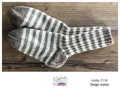 handgestrickte Socken Größe 37/38 - Streifen beige natur - Ringelsocken mit verstärkter Ferse - gestreifte Woll-Strümpfe
