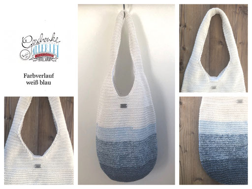 gehäkelte Beutel-Tasche in weiß, blau im Farbverlauf - gefütterter Schulterbeutel - Häkeltasche