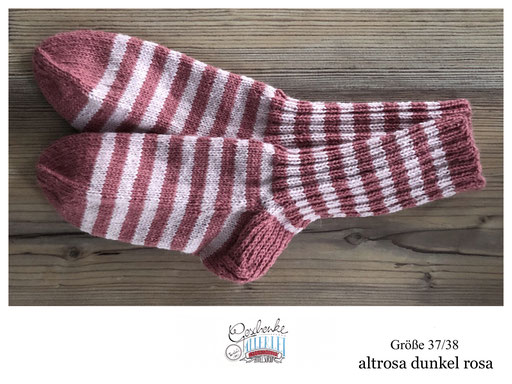 handgestrickte Socken Größe 37/38 - Streifen altrosa dunkel rosa - Ringelsocken mit verstärkter Ferse - gestreifte Woll-Strümpfe