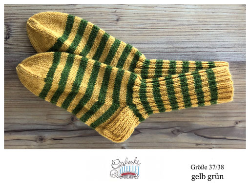 handgestrickte Socken Größe 37/38 - Streifen gelb grün - Ringelsocken mit verstärkter Ferse - gestreifte Woll-Strümpfe