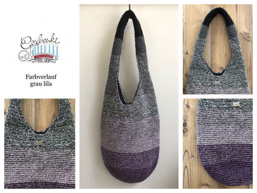 gehäkelte Beutel-Tasche in grau, lila im Farbverlauf - gefütterter Schulterbeutel - Häkeltasche