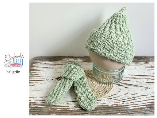 handgestrickte Babyaccessoires - Socken und Mütze in Spiralmuster in hellgrün