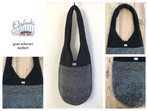 gehäkelte Beutel-Tasche in grau, schwarz meliert - gefütterter Schulterbeutel - Häkeltasche