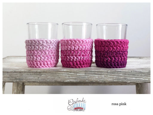 3er-Set Glas-Windlichter mit gehäkelten Überzügen im Farbverlauf rosa, pink - Teelicht-Gläser mit Cover - Häkel-Cozy