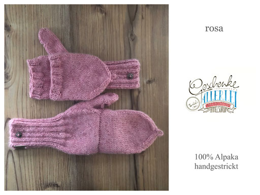 handgestrickte Fäustlinge mit Kappe in rosa - Fausthandschuhe - Alpaka-Handschuhe