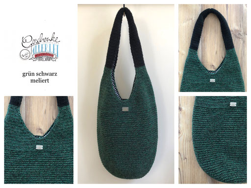 gehäkelte Beutel-Tasche in grün, schwarz meliert - gefütterter Schulterbeutel - Häkeltasche