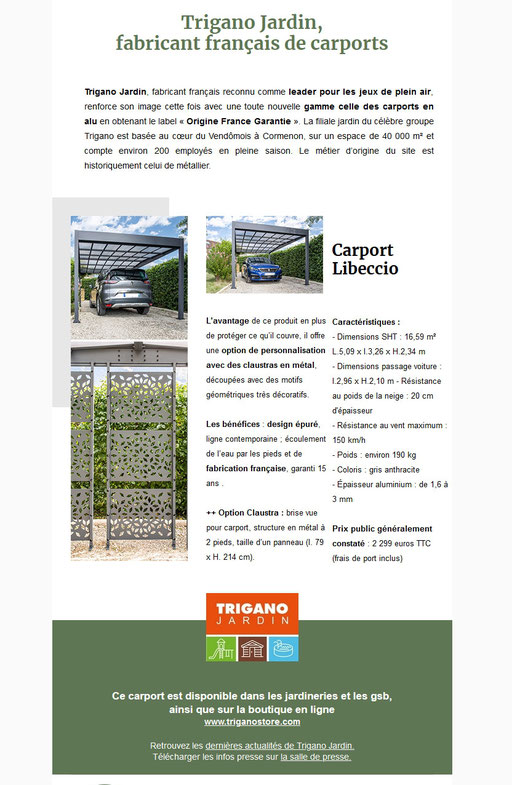 Dossier de presse Spécial "Comment vendre sa maison plus vite, les 1er atouts les extérieurs" - Trigano Jardin Carport