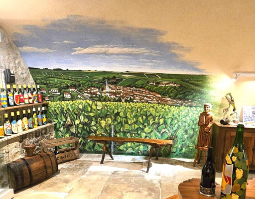 Fresque murale vue de Beine vignoble Chablis réalisée pour SAS Alain Geoffroy par Thibaud Coron.