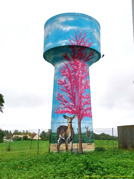 photo d'une fresque sur château d'eau (arbre, animaux) par Coron Thibaud, Le Tertre saint Denis ( peinture, artiste, art, street-art, trompe l'oeil, fresque murale, anamorphose, graffiti...)
