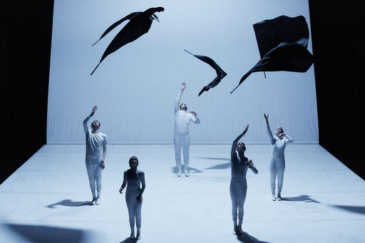 FLAGS - by Paula Rosolen / Haptic Hide, dancers: Douglas Bateman, Léonard Engel, Cindy Hammer, Maria Kobzeva, Stephan Quinci; photo: Jörg Baumann