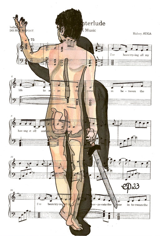 "SUGA's Interlude" November 3, 2023 (aquarel on paper, sheet music, 21x29,7)
