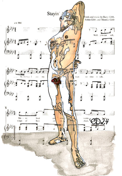 "Staying alive" February 11, 2024 (aquarel on paper, sheet music, 21x29,7)