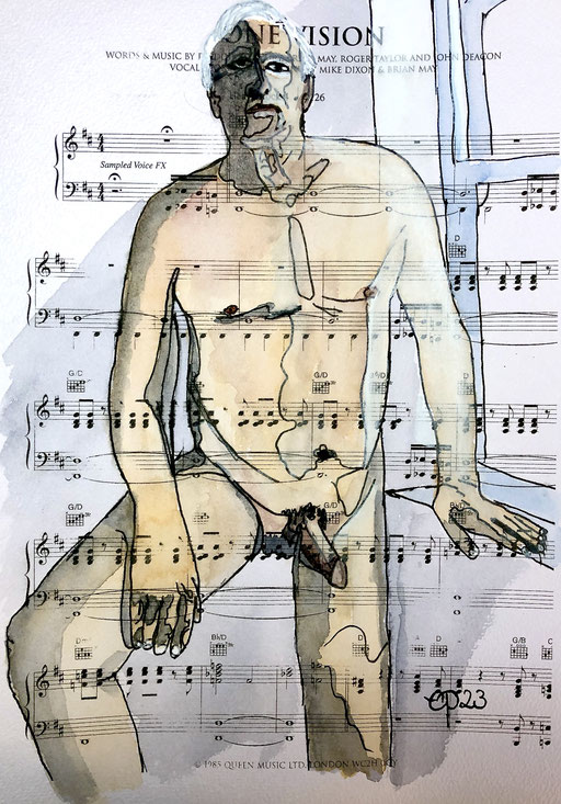 JB1 (aquarel on sheetmusic, 21,9x29cm, January 2023)