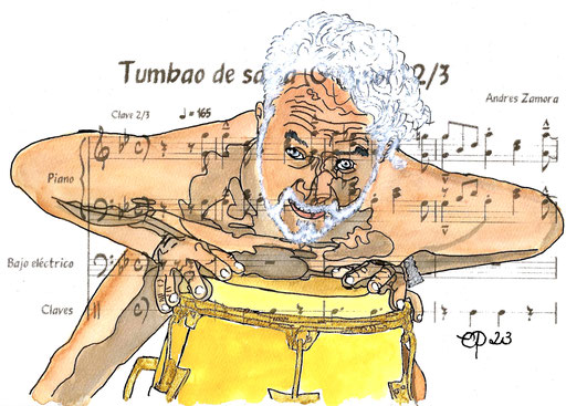 "Tumbao de Salsa", October 22, 2023 (aquarel, acrylic on paper, sheet music, 21x29,7)