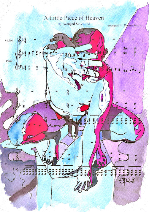 “A little piece of heaven”, Model: @artisticintentionsmodeling, July 2023 (acrylic and inkt on sheet music, 21x29,8)
