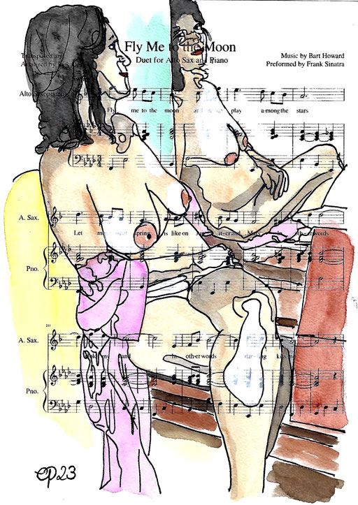 Livedrawingsession, August 16, 2023 (aquarel on paper, sheet music, 21x29,7)
