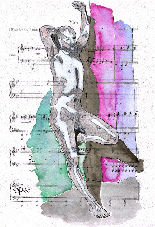 “Yan”, Model: @artisticintentionsmodeling, July 2023 (acrylic and inkt on sheet music, 21x29,8)