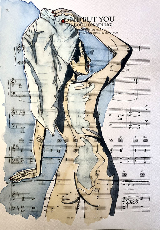  Mariana @mar_artmodel, Online Drawing Session,  26 April 2023! (aquarel on sheetmusic, 21x29,7 cm)