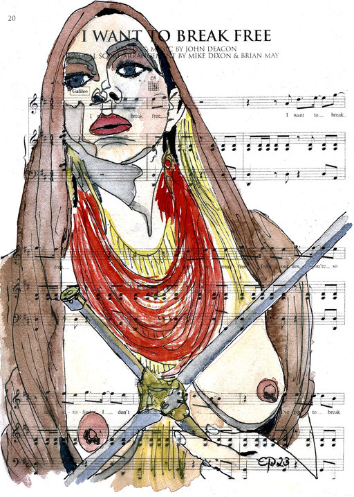 Mariangela, march 2023  (aquarel on sheetmusic, 21x29cm)